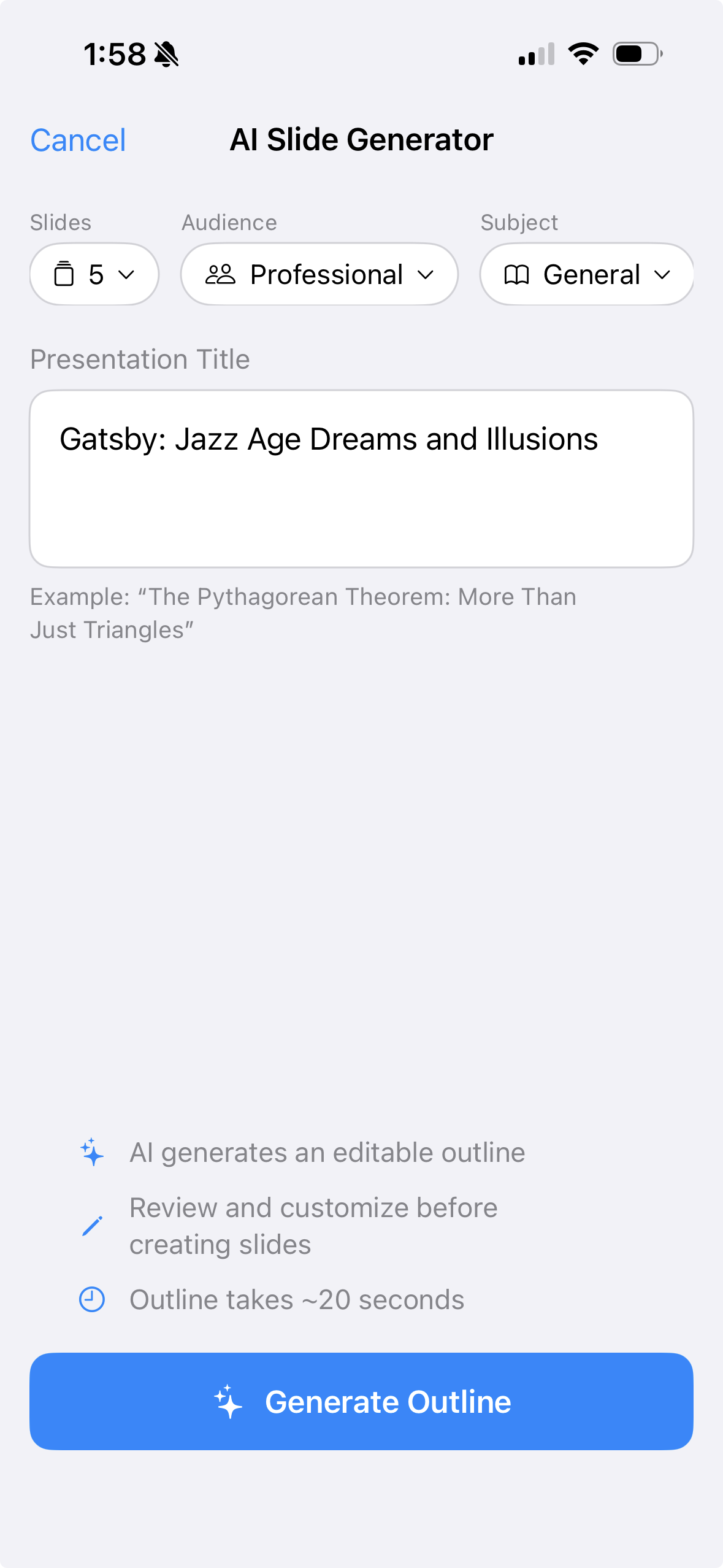 AI Slide Generator screen