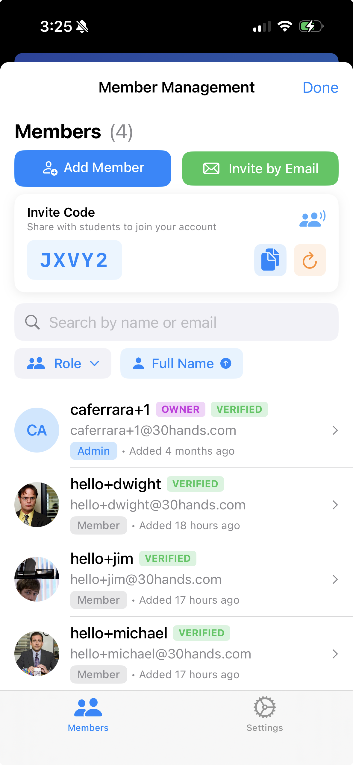 Team management screen